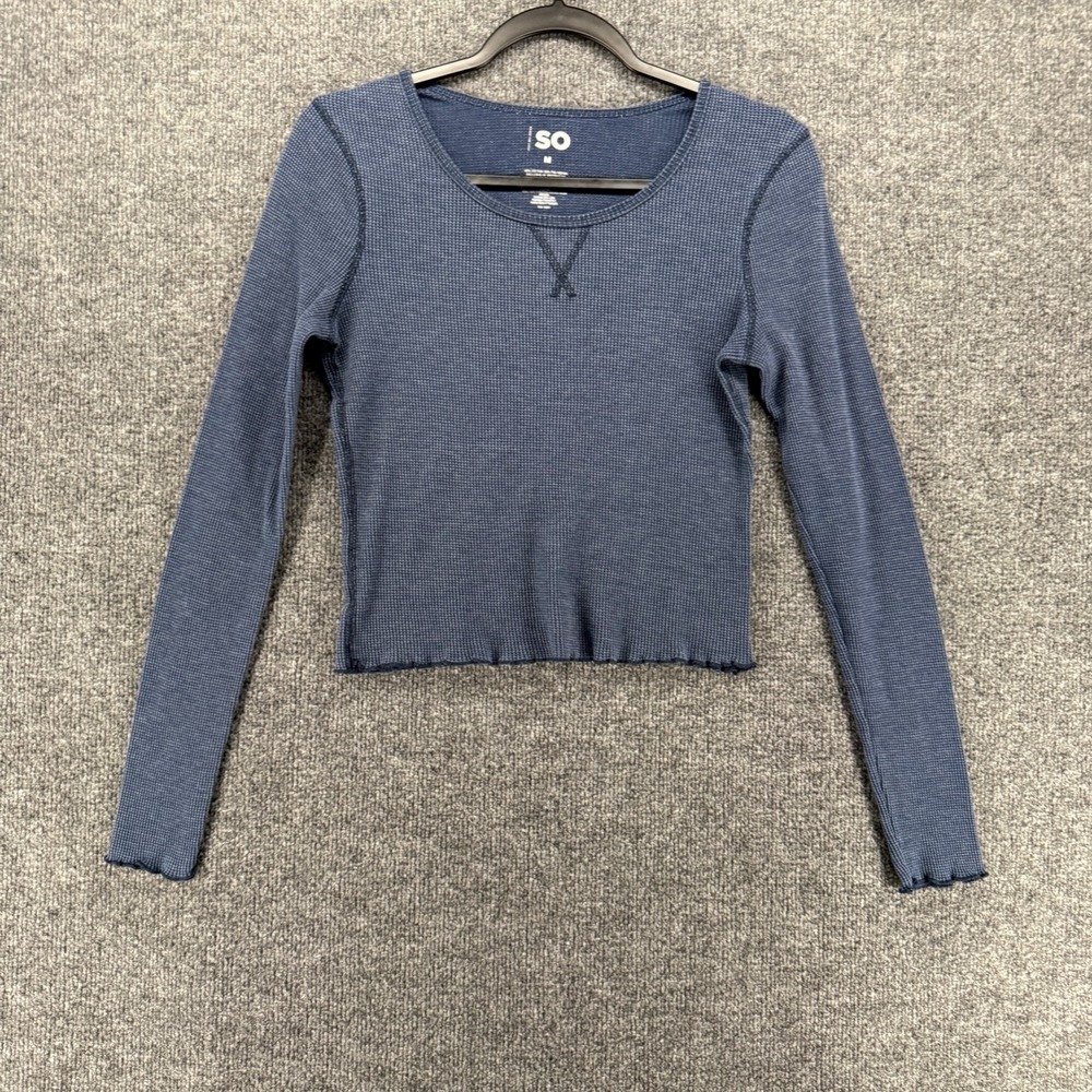 So Y2K Thermal Top Womens M Blue Scoop Neck Waffle Knit Cropped 90s Grunge Vamp
